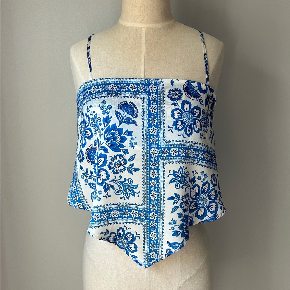 Woven Printed Satin Spaghetti Strap Hanky Hem Top - Juniors - Size Large